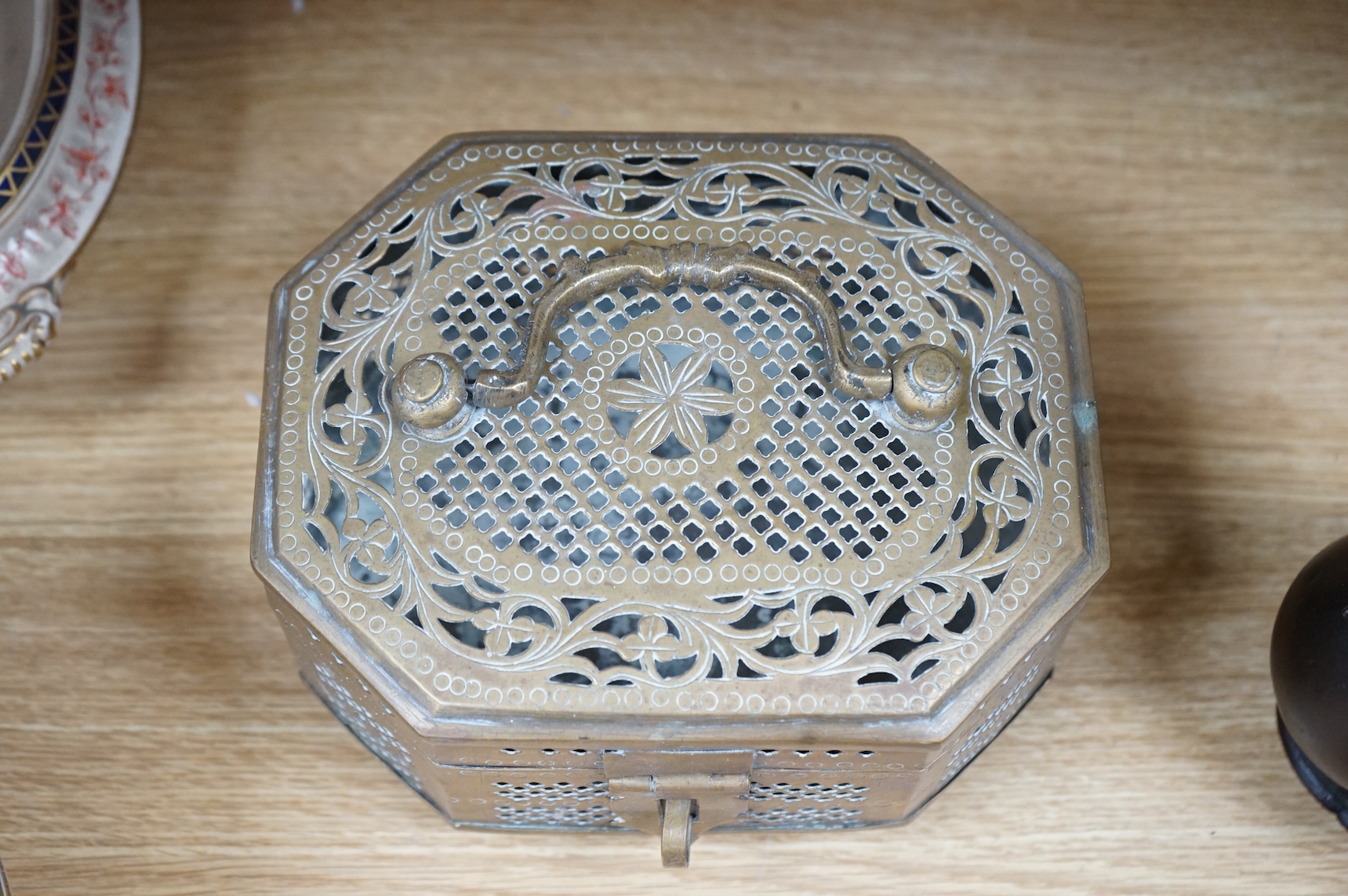 A Japanese archaistic bronze vase, seal mark to base, together with two Indian brass Paan boxes and a Medieval revival bronze casket, tallest 26cm